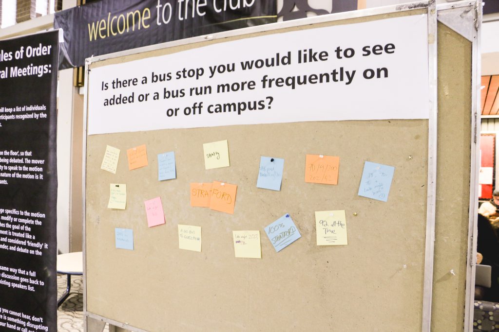 Boards where students were invited to write down their opinions on presented questions were also displayed for the general meeting. Photo by Ramona Leitao