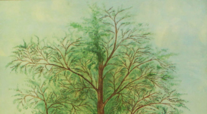 A painting of a tree with a house in the background.