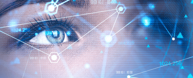 A close-up of a person's eye with a superimposed digital network overlay. Lines, hexagons, and numeric data points are spread across the image, giving it a futuristic and technological feel. The eye is in focus while the semi-transparent digital elements suggest an AI study inspired by ChatGPT's capabilities.