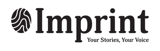 A black logo on a white background featuring a circular icon with a wave-like pattern on the left, followed by the word "Imprint" in bold, serif font. Below "Imprint," in smaller text, are the words "Your Stories, Your Voice.