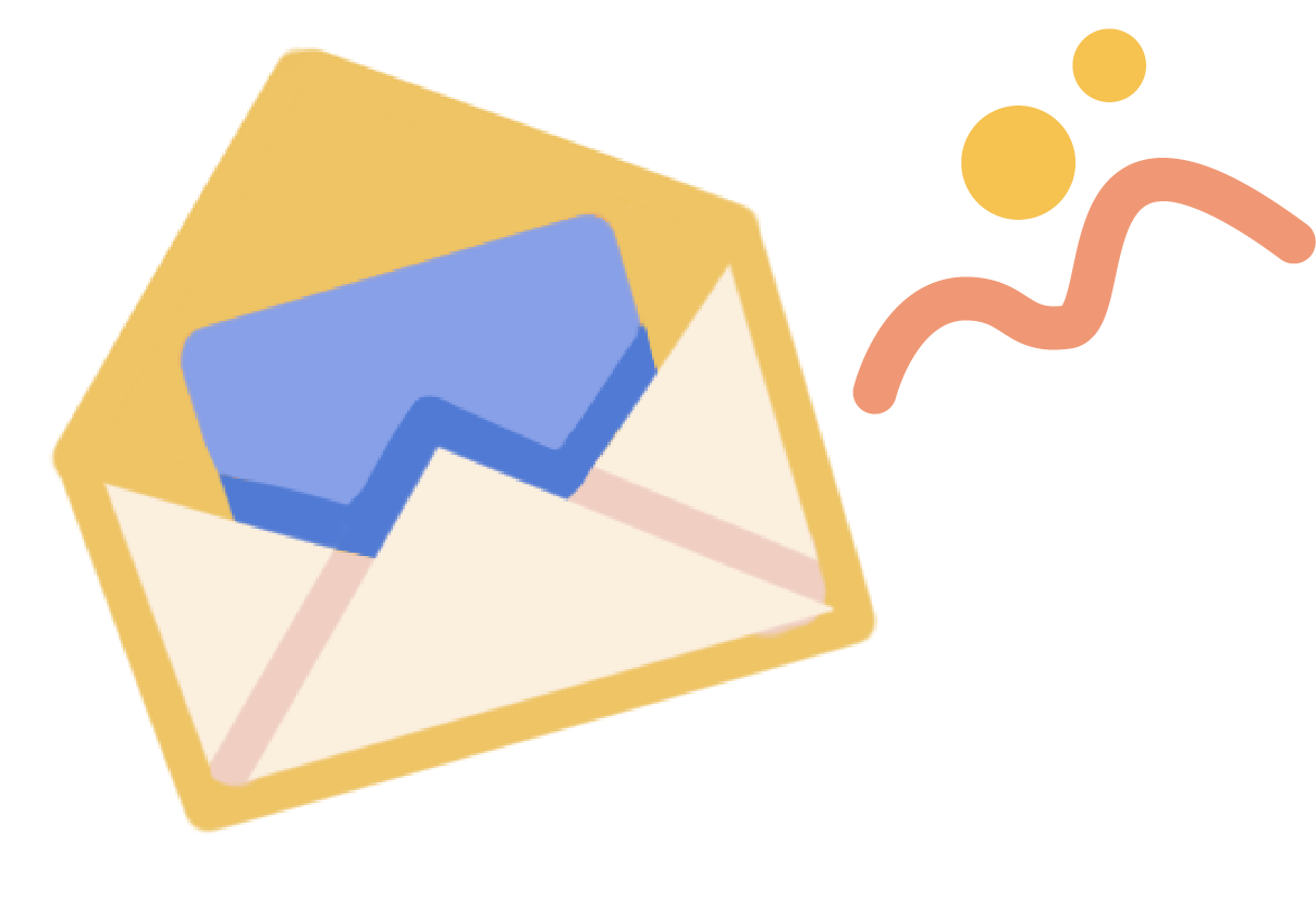 An illustration of an open yellow envelope containing a blue card, with two orange squiggles and dots above and to the right of the envelope, suggesting communication or message delivery.