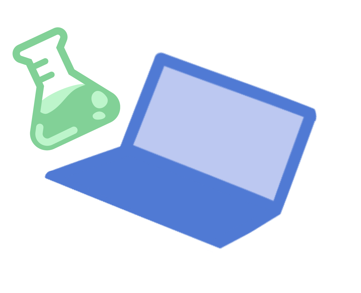 A simple illustration of a blue laptop with an open screen and a green laboratory flask with liquid inside, positioned to its left. The background is white.