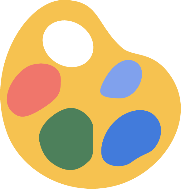 An artist's palette with a yellow base featuring four paint blobs: red, blue, green, and light blue.