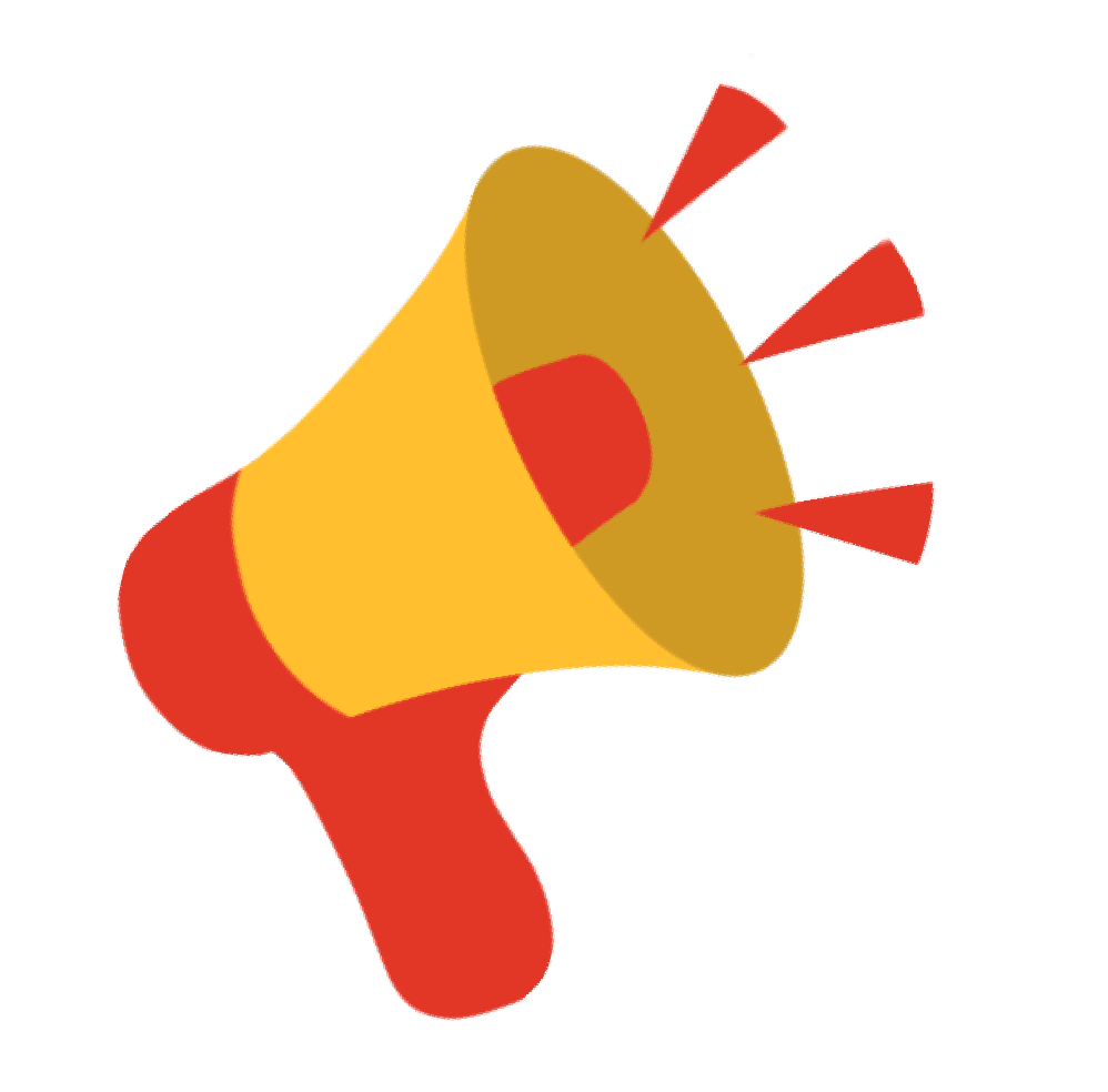 Illustration of a red and yellow megaphone with sound waves emanating from the speaker, indicating that it is broadcasting or making noise. The design is simple and stylized, with bold, solid colors.