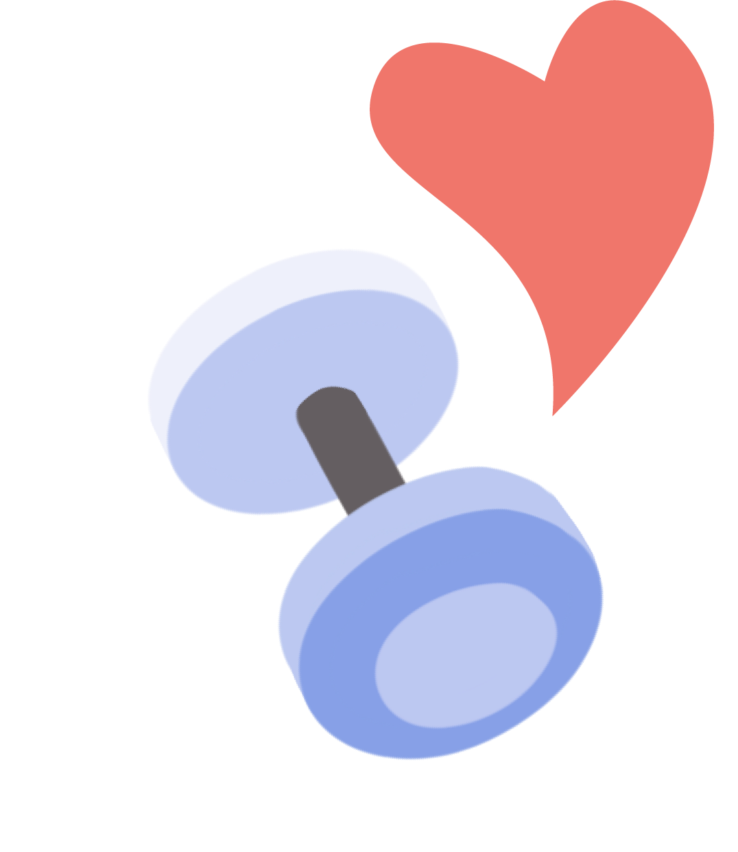 A light blue dumbbell with a gray handle and white ends is tilted to the left. A red heart is positioned above the dumbbell's right side, giving the image a sense of love for fitness or working out. The background is white.