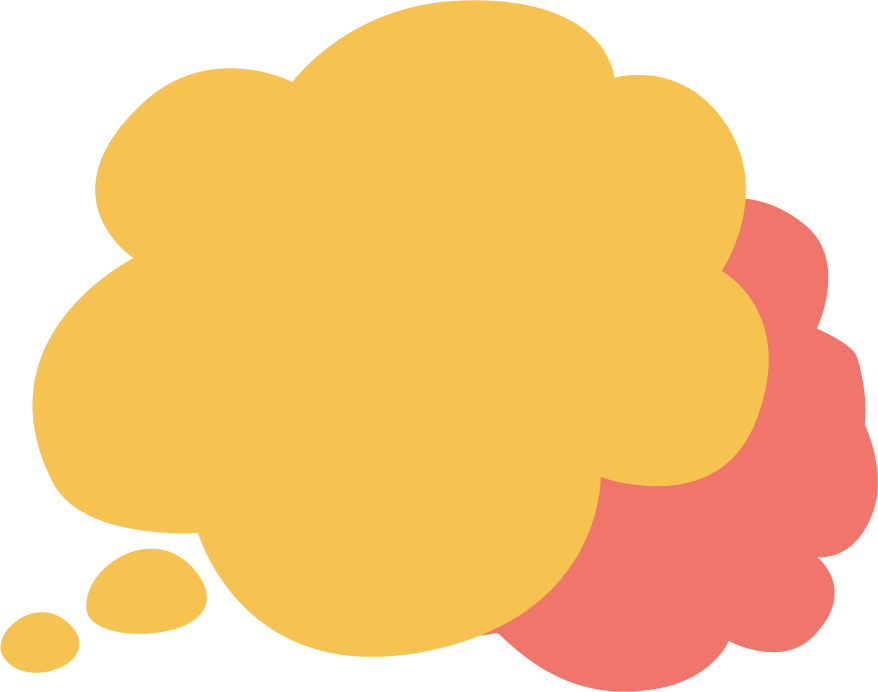 A thought bubble with two overlapping cloud shapes, one larger and yellow in the front and the other smaller and pink behind it. The yellow cloud has two small extensions at the bottom, representing thinking dots.