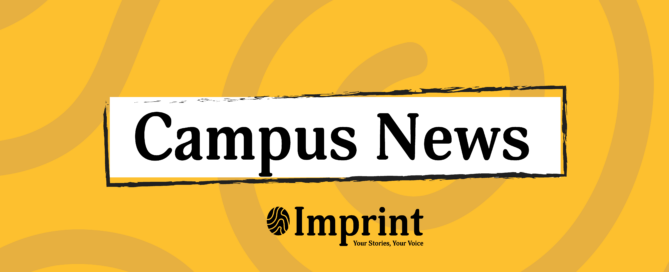 A yellow graphic with swirling patterns features a rectangular white box outlined in black with text reading "Campus News." Below the box, the logo and name "Imprint" are displayed with the tagline "Your Stories, Your Voice.