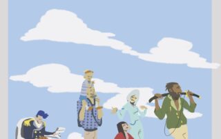 An artistic illustration titled "Impressions," depicting a diverse group of people and a dog under a blue sky with fluffy clouds. The scene includes someone in a wheelchair, another carrying a child on their shoulders, a walking person, and one singing with a microphone, capturing the essence of unity.