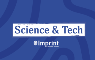 Blue graphic with "Science & Tech" written in large, bold letters on a white banner. Below the banner is the "Imprint" logo with the text "Your Stories, Your Voice". The background features darker blue abstract wave patterns, subtly highlighting themes of waste disposal and environmental impact.