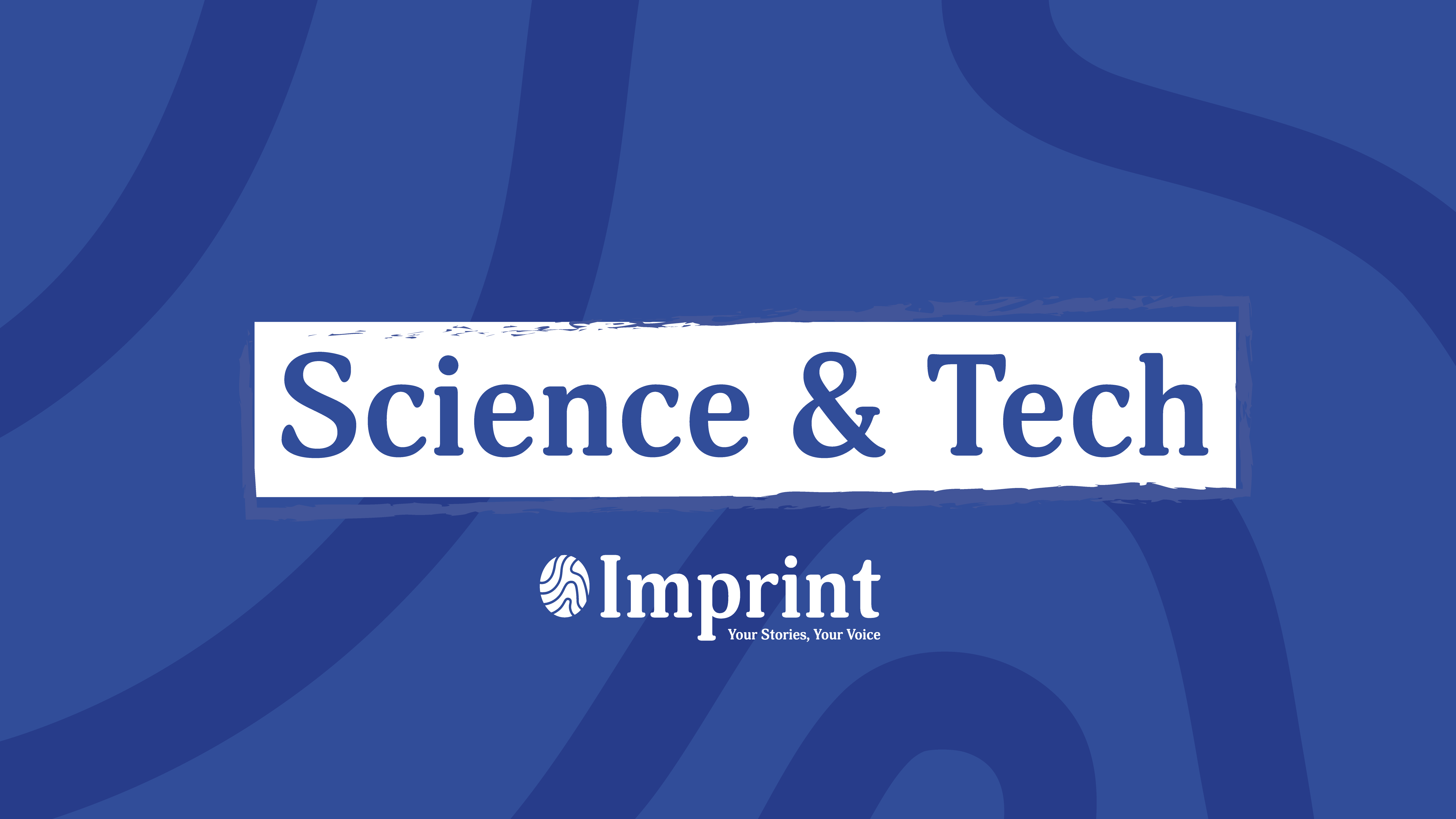 Blue graphic with "Science & Tech" written in large, bold letters on a white banner. Below the banner is the "Imprint" logo with the text "Your Stories, Your Voice". The background features darker blue abstract wave patterns, subtly highlighting themes of waste disposal and environmental impact.