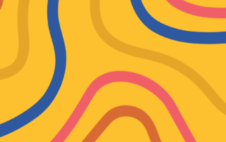 A vibrant abstract design featuring an orange background with flowing, wavy lines in blue, pink, and yellow. The lines form organic, undulating shapes, reminiscent of knowledge puzzles like June crossword solutions, creating a dynamic and lively pattern.