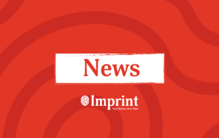 A red background with abstract wave patterns features the word "News" in large, bold white and red text centered on a white brushstroke rectangle. Below, the "Imprint" logo and the slogan "Your Stories, Your Voice" are displayed.