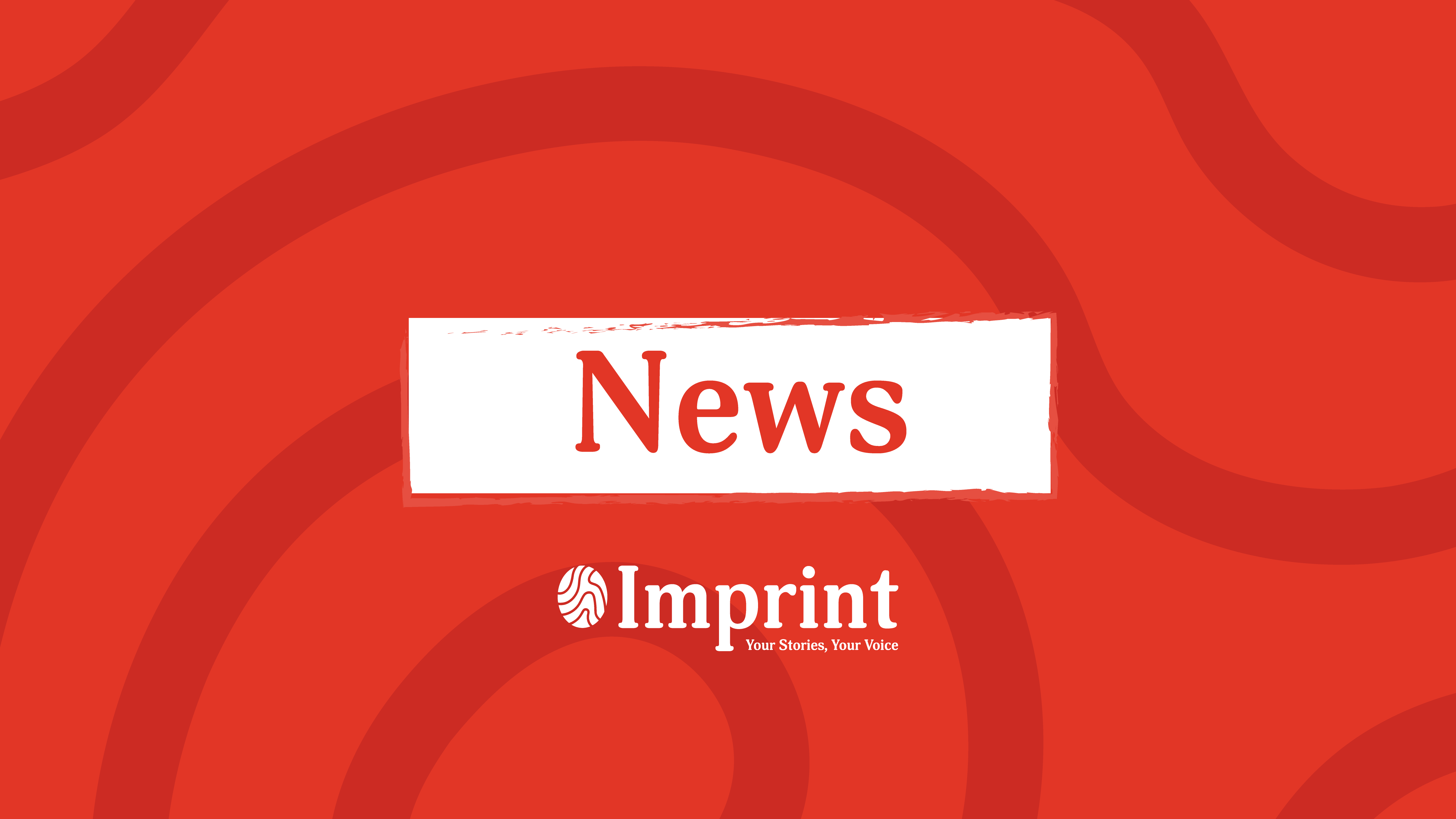 A red background with abstract wave patterns features the word "News" in large, bold white and red text centered on a white brushstroke rectangle. Below, the "Imprint" logo and the slogan "Your Stories, Your Voice" are displayed.