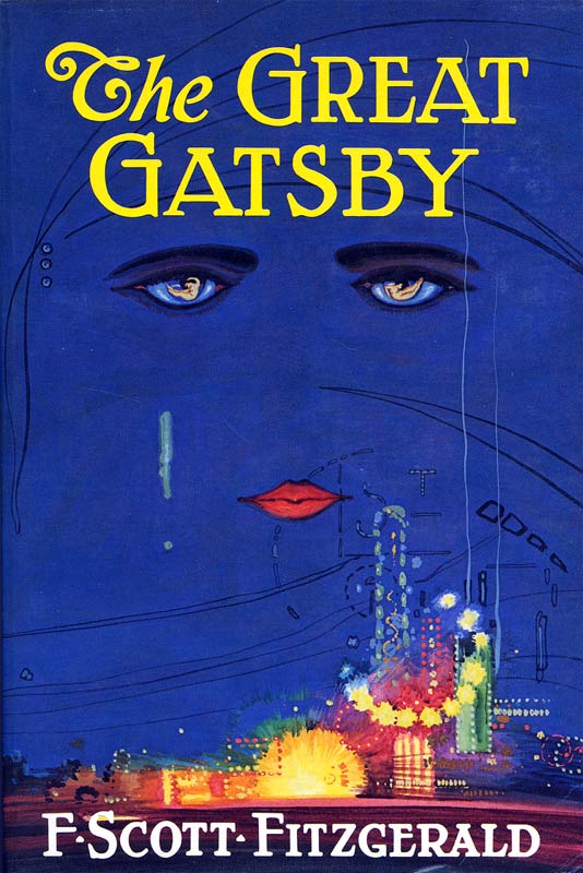 The cover of "The Great Gatsby" by F. Scott Fitzgerald features a blue background with a large pair of eyes and red lips floating above a multi-colored cityscape at night. The title is written in yellow at the top, and the author's name is at the bottom in white.