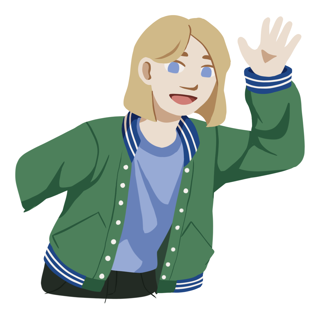 Illustration of a person with light-colored hair, wearing a green varsity jacket over a light blue shirt. The person is smiling and raising their right arm in a friendly wave.