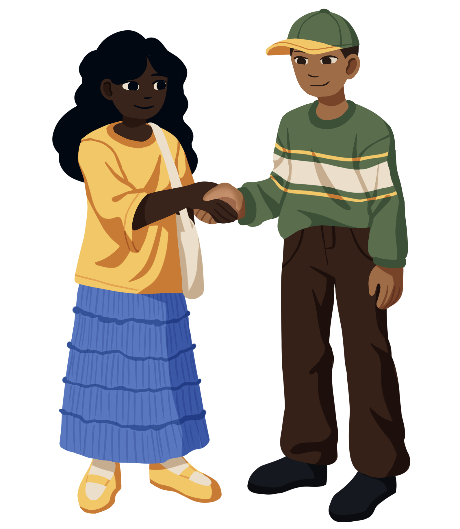 A woman with long dark hair, wearing a yellow top and blue skirt, shakes hands with a man in a green striped sweater and brown pants, wearing a green cap. She carries a beige tote bag and both have friendly expressions.