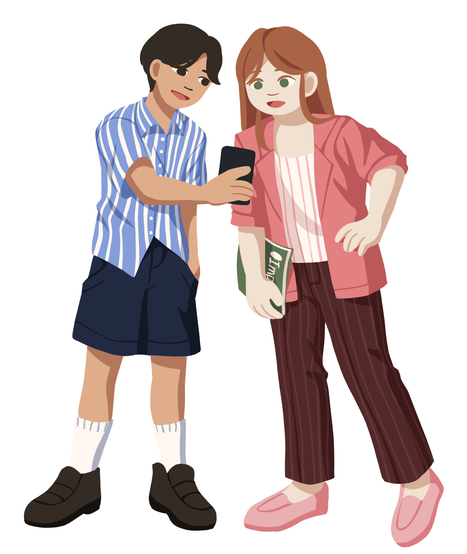 A digital illustration of two people standing side by side. The person on the left, wearing a blue striped shirt and dark shorts, holds a phone and shows it to the person on the right, who wears a pink jacket, red striped pants, and carries a folded magazine.