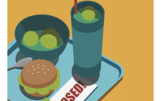 An illustration from Impressions 20, showcasing a tray with a burger, fries in a cup, a soda, and a "CLOSED" sign. The page is labeled "IMPRESSIONS" and is devoted to artwork by UW students, serving as a speaker's corner for creators.