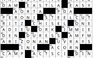 A completed crossword puzzle with various words filled in. Some notable entries include "RAISEDHAND," "ARIZONAN," "PERONI," and "ALBEE." The puzzle, resembling an auto draft of language, includes both horizontal and vertical clues.