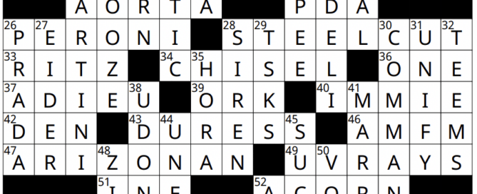 A completed crossword puzzle with various words filled in. Some notable entries include "RAISEDHAND," "ARIZONAN," "PERONI," and "ALBEE." The puzzle, resembling an auto draft of language, includes both horizontal and vertical clues.