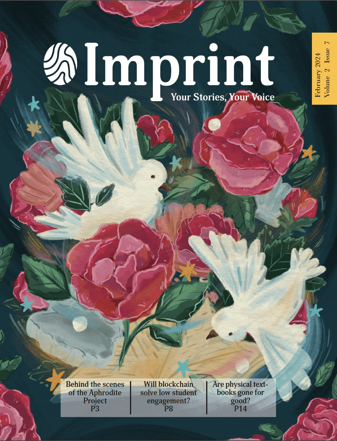 Cover of Imprint magazine, February 2024 issue. It features two white doves surrounded by large red roses and green leaves against a dark background. The bottom highlights three articles: the Aphrodite Project, blockchain in student engagement, and the future of physical textbooks in an auto-draft world.