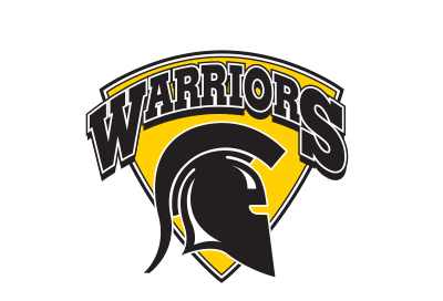 A logo featuring a black warrior helmet in front of a yellow shield shape. The word "WARRIORS" is written in bold, black, stylized letters above the helmet on top of the yellow background, symbolizing campus involvement through various clubs.