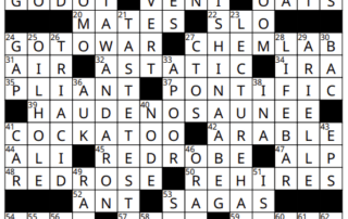 A completed crossword puzzle. The grid features various vertical and horizontal words intersecting, with clues for each entry surrounding the grid. Some visible solutions include "AREPA," "DATA," "GLOW," "CHEM LAB," "RED ROBE," and "PONTIFIC.