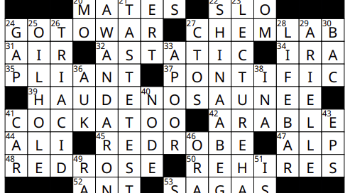 A completed crossword puzzle. The grid features various vertical and horizontal words intersecting, with clues for each entry surrounding the grid. Some visible solutions include "AREPA," "DATA," "GLOW," "CHEM LAB," "RED ROBE," and "PONTIFIC.