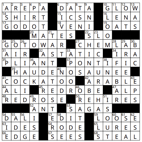 A completed crossword puzzle. The grid features various vertical and horizontal words intersecting, with clues for each entry surrounding the grid. Some visible solutions include "AREPA," "DATA," "GLOW," "CHEM LAB," "RED ROBE," and "PONTIFIC.