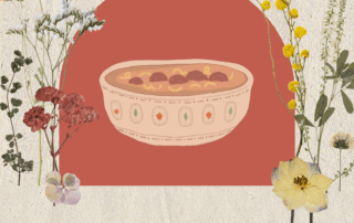 An illustration of a bowl of savory tomato meatball soup in front of a red arch, surrounded by dried flowers. The text "TOMATO MEATBALL SOUP" is at the bottom, with "September 2024" below it.