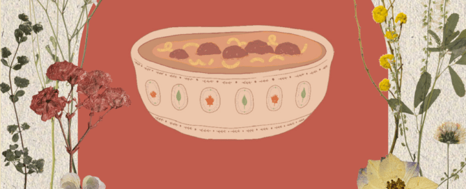 An illustration of a bowl of savory tomato meatball soup in front of a red arch, surrounded by dried flowers. The text "TOMATO MEATBALL SOUP" is at the bottom, with "September 2024" below it.