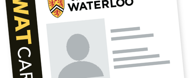 A graphic of a University of Waterloo student ID card, labeled "WATCard." The card features the university's logo, a placeholder silhouette for a photo, and several lines representing personal information. This essential tool for first-year students answers many frequently asked questions about campus access.