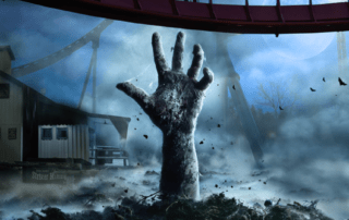 In the eerie landscape of Waterloo, a large, zombie-like hand emerges from the ground amidst dark, foggy surroundings. A misty roller coaster track twists under an eerie full moon, heightening the Halloween thrills as crows fly nearby in celebration of spooky festivities.