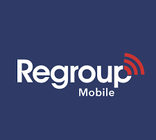 The logo of "ReGroup Mobile" features prominently on a dark blue background. The word "Regroup" appears in white, with a stylized red signal icon above the "p," and "Mobile," referencing its robust emergency notification system, is displayed below in smaller white text.