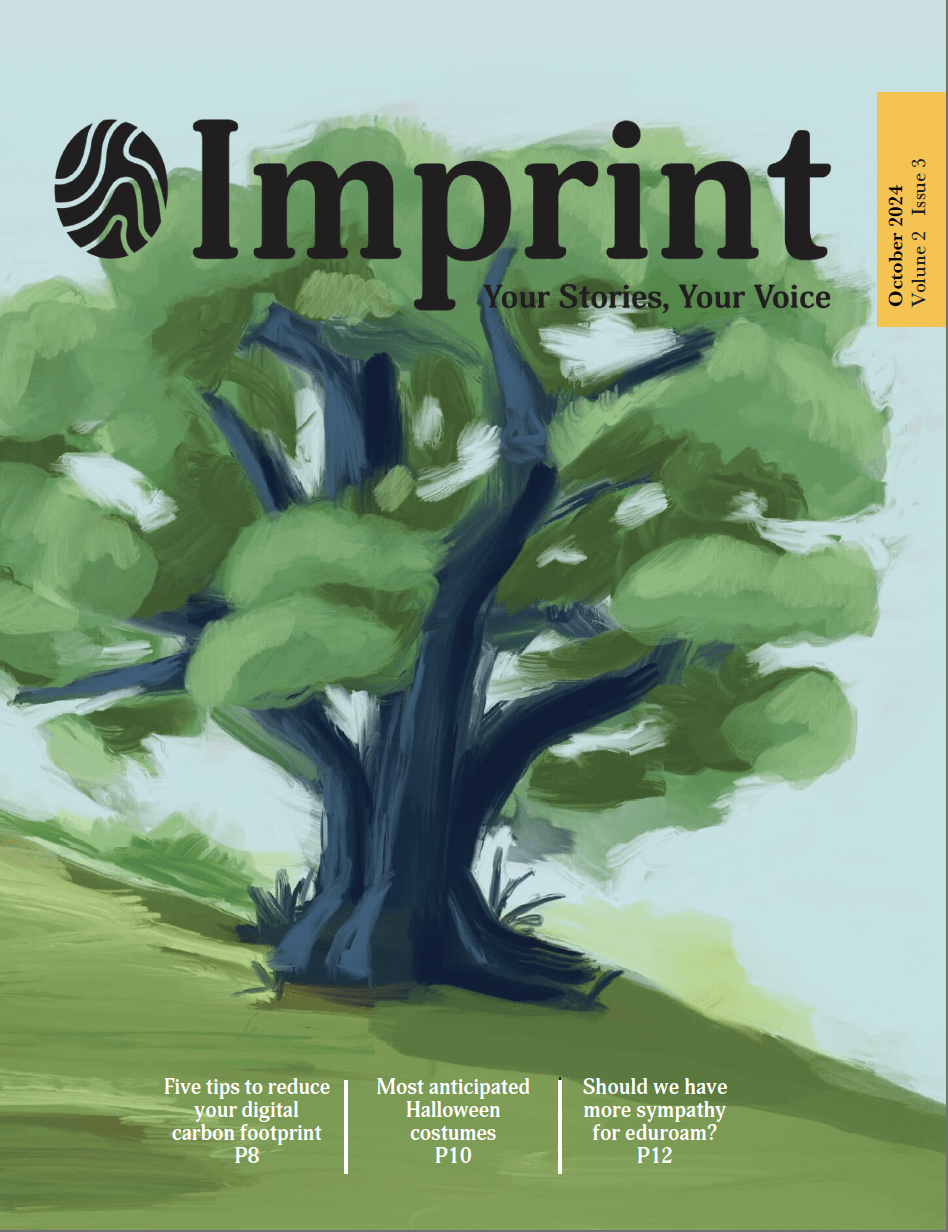 An illustrated magazine cover titled "Imprint" showcases a striking tree with an Auto Draft blue trunk and lush green leaves. Headlines offer tips on reducing digital carbon footprints, creative Halloween costumes, and insights into eduroam. Issue date: October 2024.