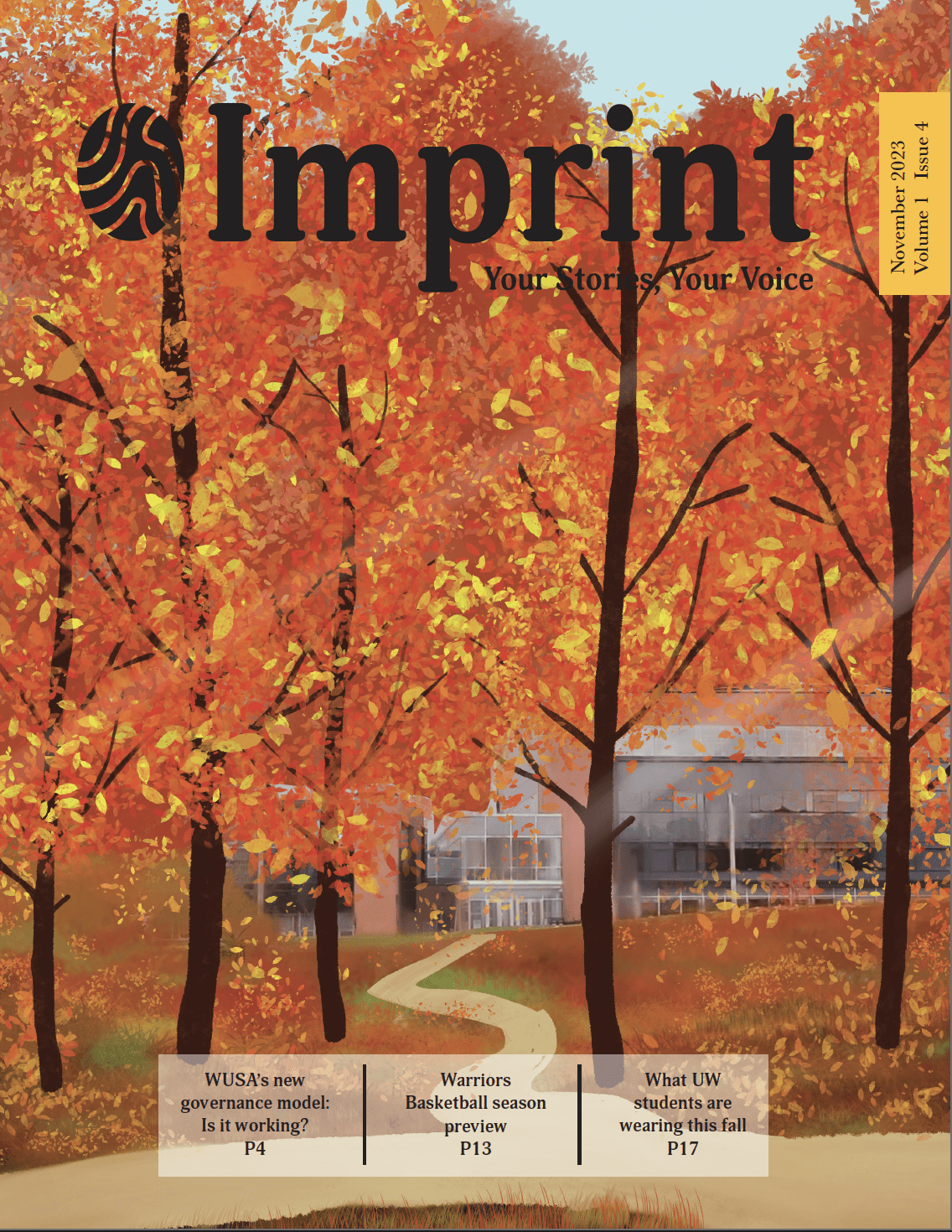 Cover of "Imprint" magazine featuring a fall scene with vibrant orange trees and a winding path leading to a building. Text includes auto draft article highlights on governance, basketball, and student fashion. November 2023 edition, Volume 46, Issue 14.