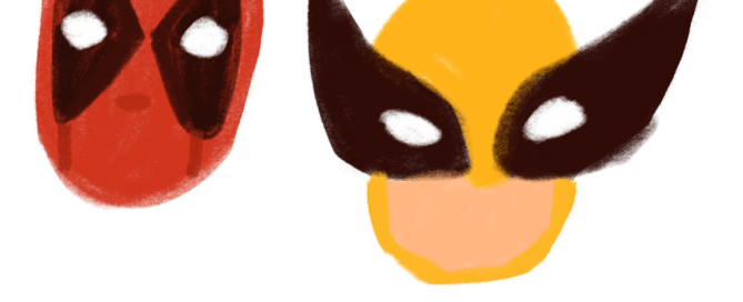 Illustration of two superhero masks: one red with black and white eyes, the other yellow with large black ears and white eyes, set against a black background. These designs are anticipated to be 2024's must-have Halloween costumes.