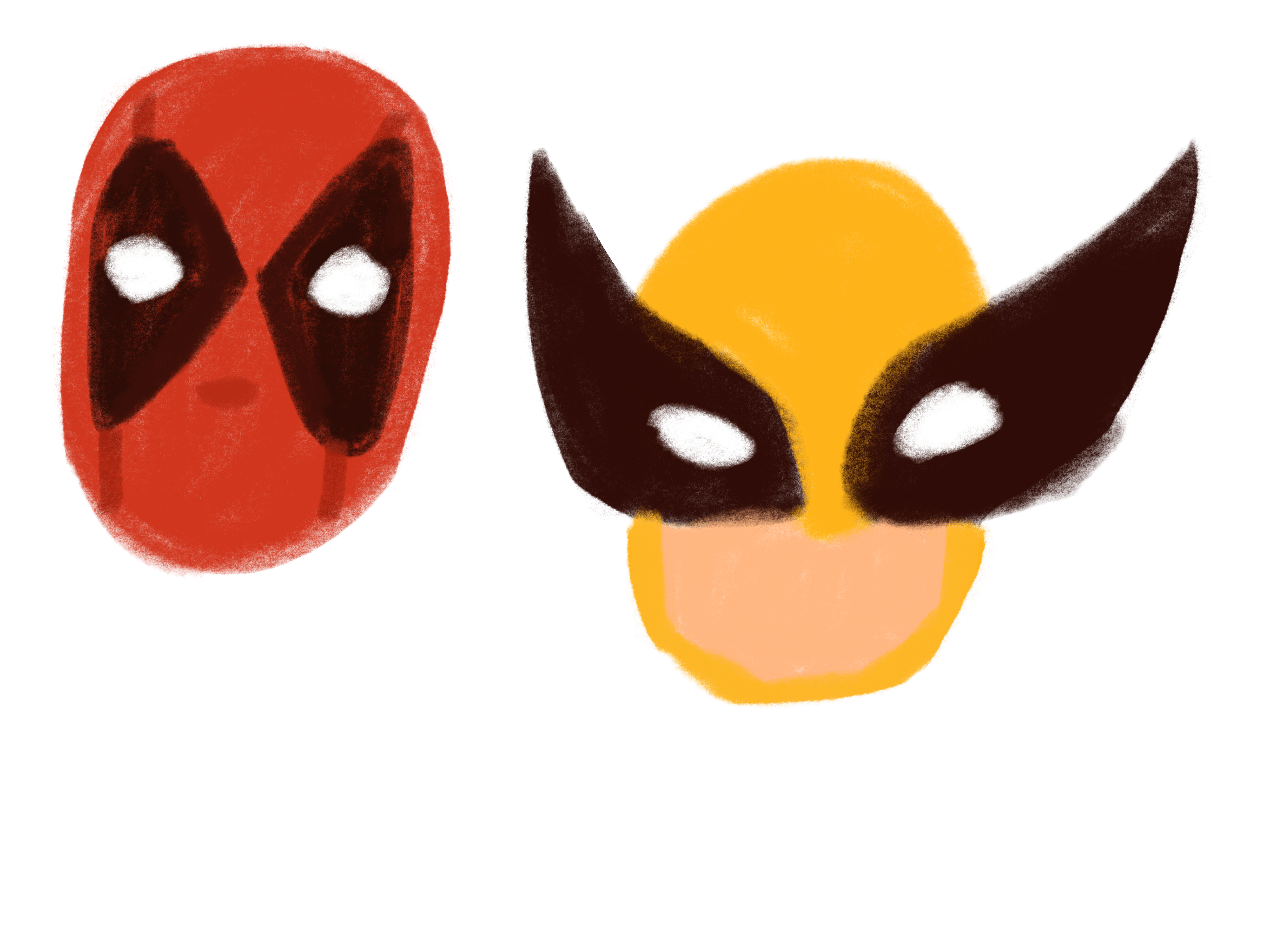 Illustration of two superhero masks: one red with black and white eyes, the other yellow with large black ears and white eyes, set against a black background. These designs are anticipated to be 2024's must-have Halloween costumes.