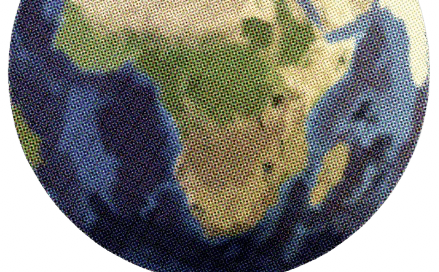 A digital rendering of Earth from space, highlighting the African continent with a halftone effect that simulates a pixelated appearance, subtly reminding us of the digital carbon footprint. The surrounding ocean areas are visible in calming shades of blue.