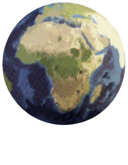 A digital rendering of Earth from space, highlighting the African continent with a halftone effect that simulates a pixelated appearance, subtly reminding us of the digital carbon footprint. The surrounding ocean areas are visible in calming shades of blue.