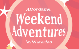 Illustration with a magnifying glass spotlighting "Affordable Weekend Adventures" in Waterloo on a red background adorned with stars. The "Imprint" logo is positioned at the bottom right.