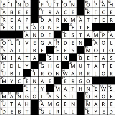 The completed crossword puzzle highlights words such as "bind," "dark matter," "Olive Garden," and "math news." Discover solutions this November, where terms like "beta" and "iron warrior" intertwine with tales of Mycenae and the sweet delights of mango lassi.