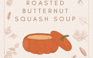 An illustration features a pumpkin-shaped bowl brimming with roasted butternut squash soup. The text "Roasted Butternut Squash Soup" hovers above, surrounded by hand-drawn leaves, mushrooms, and acorns. In the top left corner, "November 2024" is elegantly displayed.