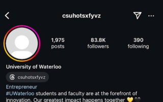 Instagram account showcasing 1,975 posts, 83.8k followers, and 390 following. Bio celebrates University of Waterloo (UofWaterloo), spotlighting innovative student and faculty projects. Features a heart emoji and a university link. Display time is 2:25 with phone icons sprawled across the interface.