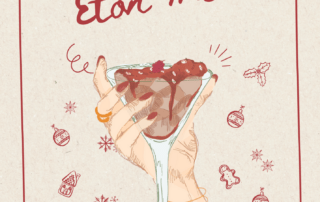 Illustrated poster showcasing a hand holding a dessert glass brimming with Eton Mess. The title gleams "Christmas Eton Mess" in festive red script. Surrounded by holiday icons, it captures the essence of the season. At the bottom, "December 2024" anchors this delightful recipe visual.