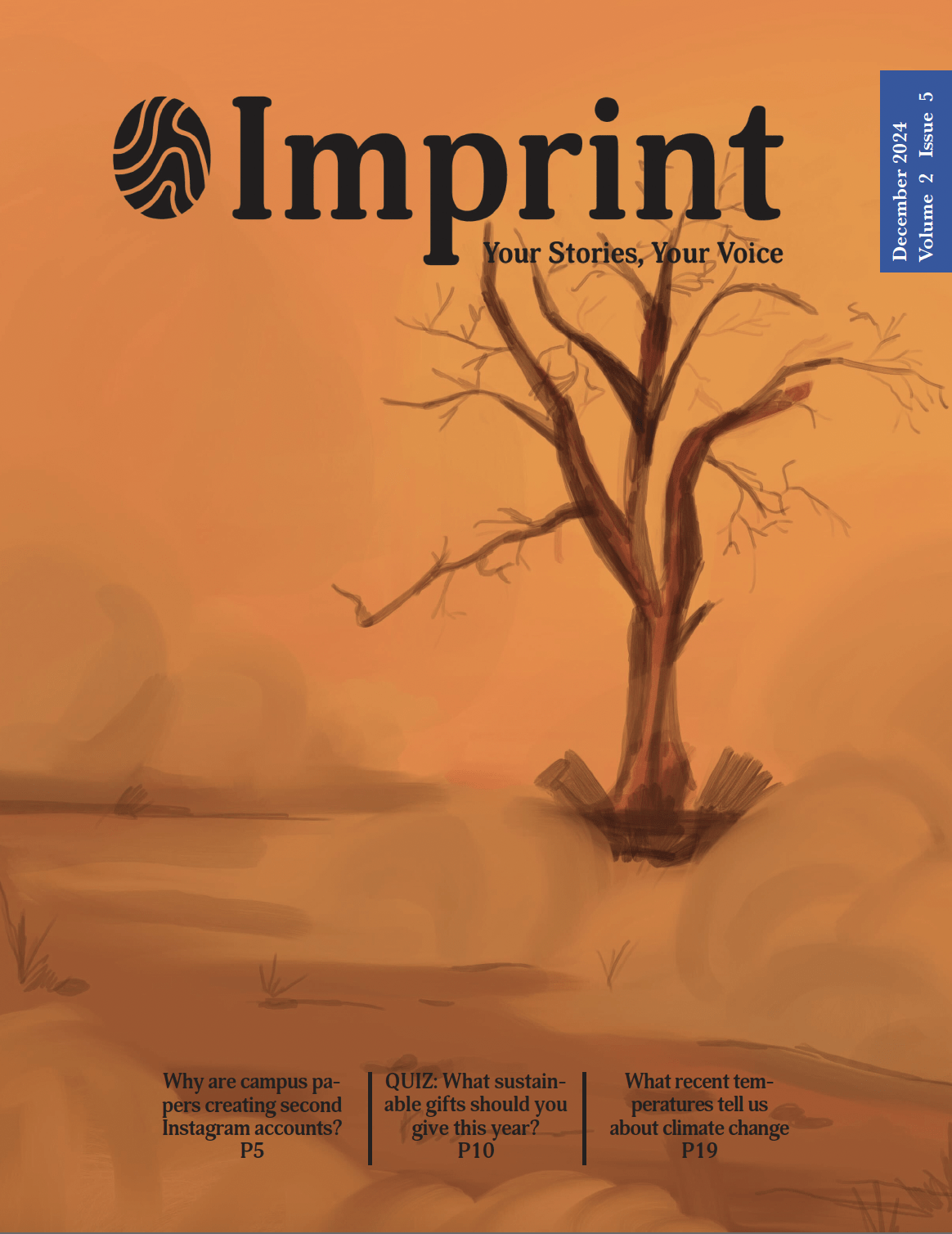 Cover of the December 2024 issue of "Imprint" magazine features a minimalist painting of a leafless tree against an orange-brown background. This publication includes volume and issue number, alongside articles on Instagram accounts, sustainable gifts, and climate change.