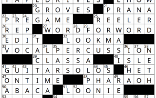 A completed December crossword features various solutions with clues filled in, including words like "A STAR," "HARE," "VOCAL," "PERIODICAL," and "POST." The grid shows a mix of black and white squares, highlighting the word placements.