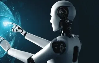 A humanoid robot interacts with a glowing digital globe, displaying various data and holographic screens. A new course in AI literacy is available, further enhancing the understanding of the blue luminescent elements and the robot's intricate design against the dark backdrop.