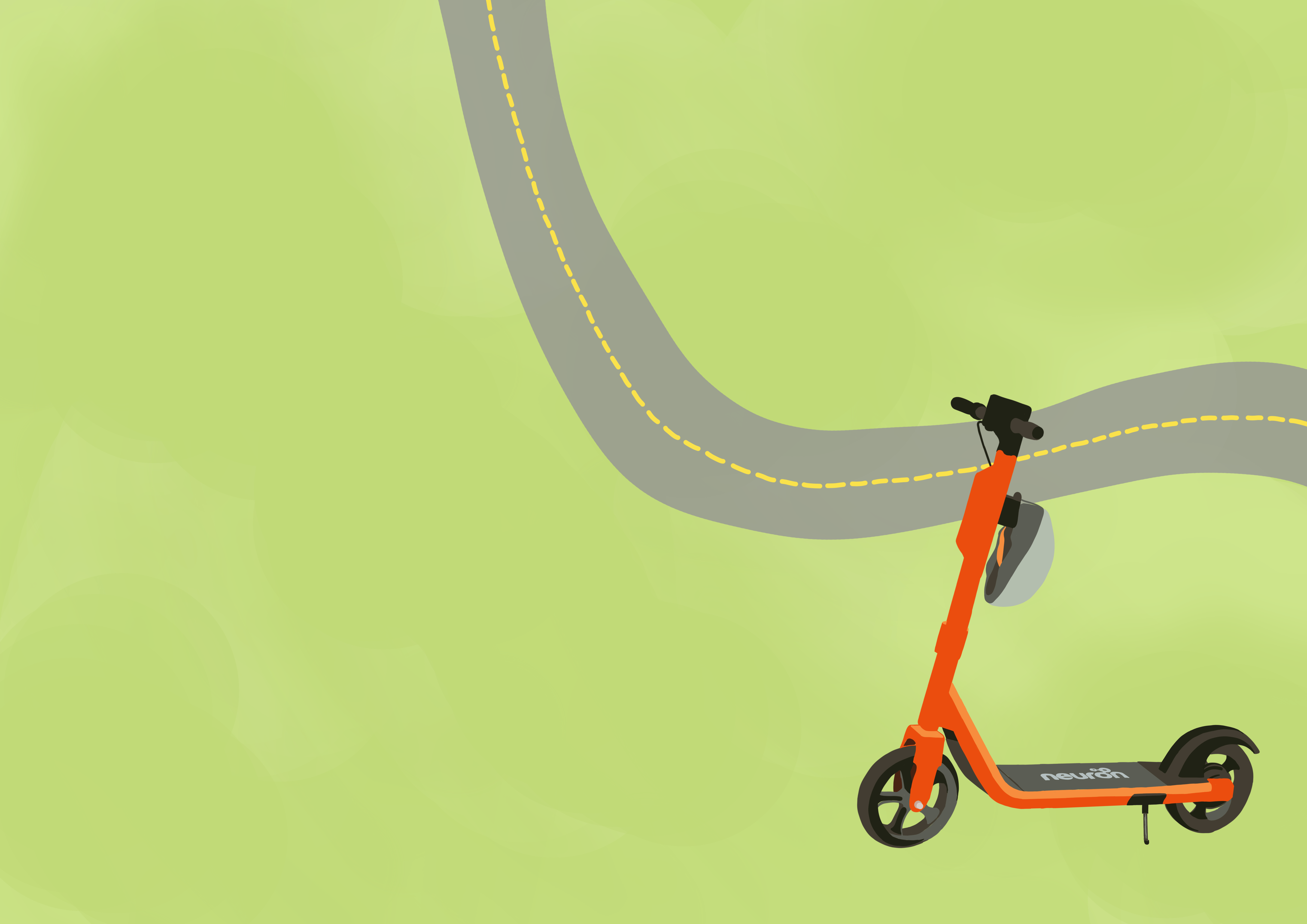 An orange e-scooter is parked on a green field next to a winding gray road, marking the rise of sustainable travel options in the Waterloo region. The scooter is angled to the right and features the logo "neuron" on its base.