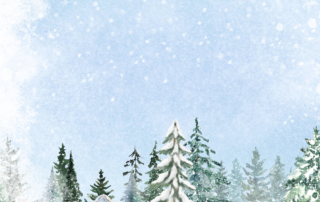 A snowy winter scene features a deer in the background and two children sledding near pine trees. A snowman stands before a cozy, lit-up house amidst snow-covered trees. Snowflakes gently fall, inviting you to romanticize winter's charm.